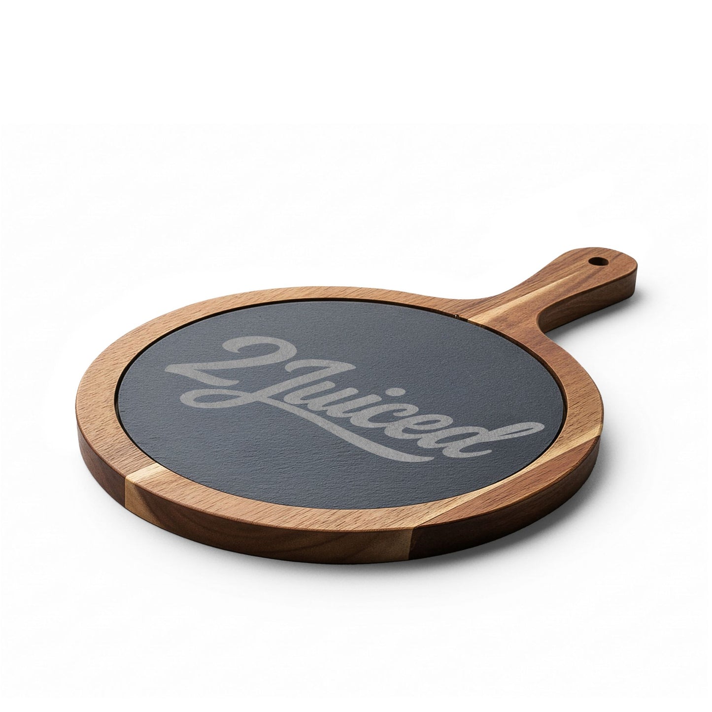 Engraved Bamboo Charcuterie Board with Slate Insert & Cheese Tools — Personalized "2Juiced" Design