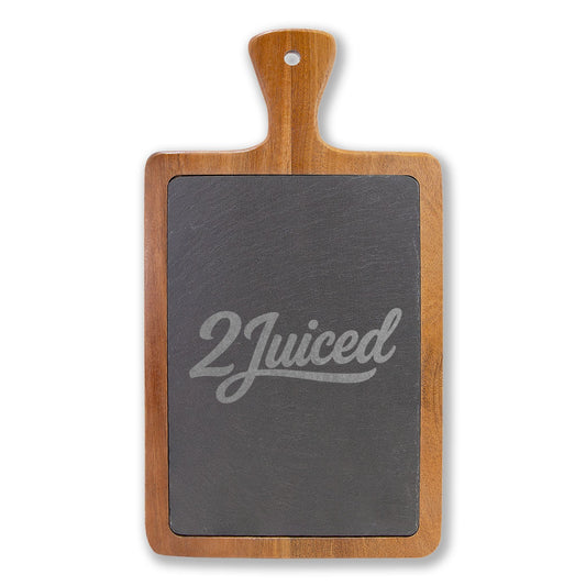 Engraved Bamboo Charcuterie Board with Slate Insert & Cheese Tools — Personalized "2Juiced" Design