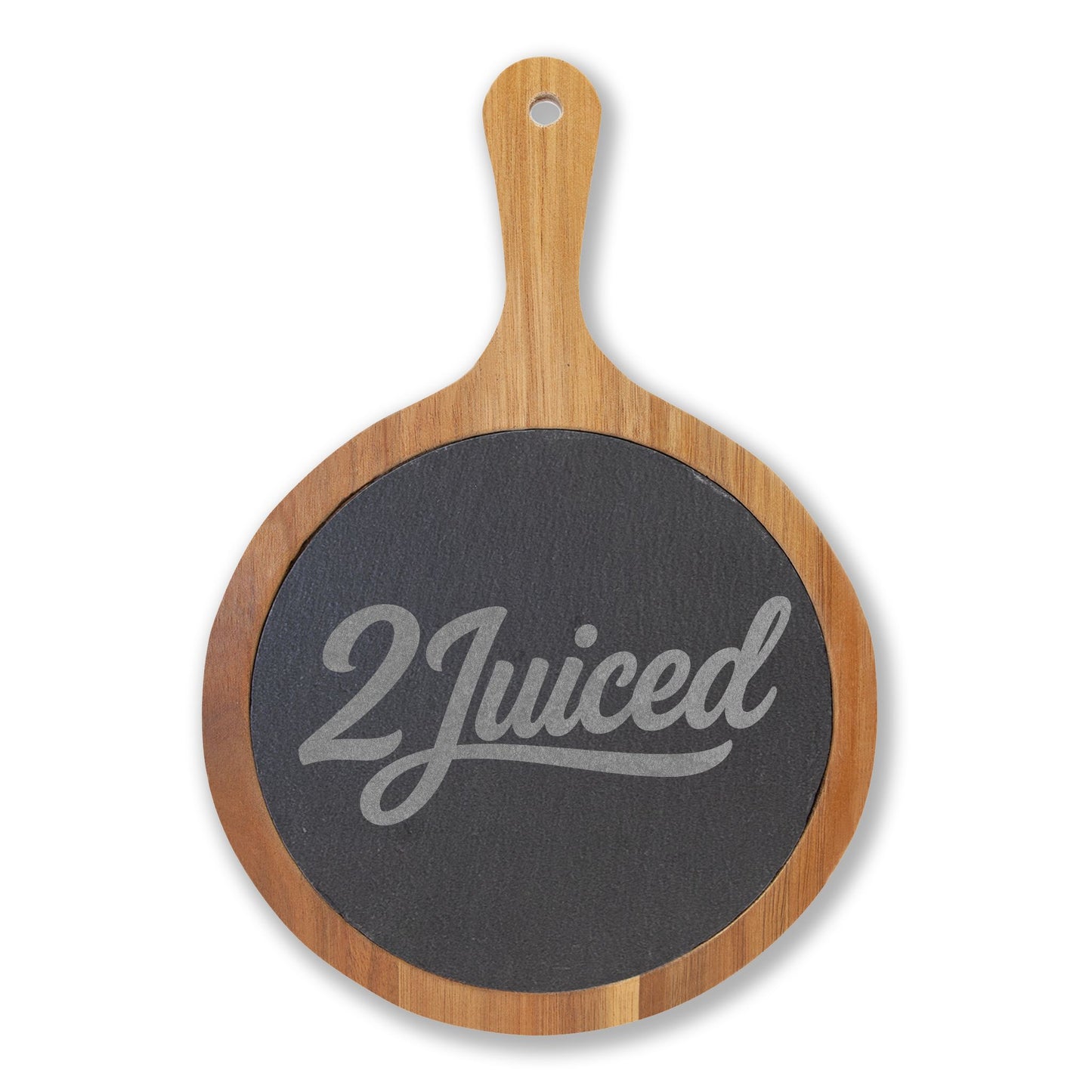 Engraved Bamboo Charcuterie Board with Slate Insert & Cheese Tools — Personalized "2Juiced" Design