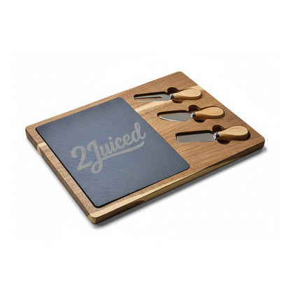 Engraved Bamboo Charcuterie Board with Slate Insert & Cheese Tools — Personalized "2Juiced" Design