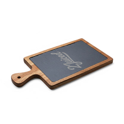 Engraved Bamboo Charcuterie Board with Slate Insert & Cheese Tools — Personalized "2Juiced" Design