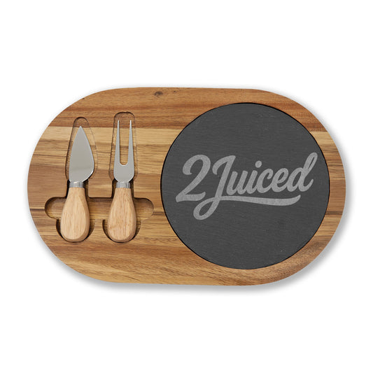 Engraved Bamboo Charcuterie Board with Slate Insert & Cheese Tools — Personalized "2Juiced" Design