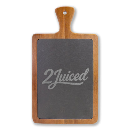 Engraved Bamboo Charcuterie Board with Slate Insert & Cheese Tools — Personalized "2Juiced" Design
