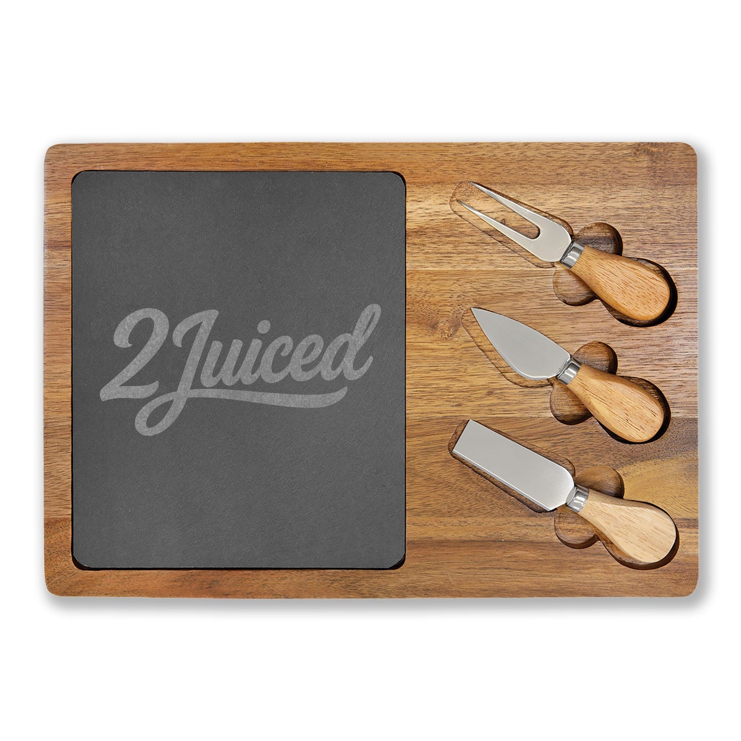 Engraved Bamboo Charcuterie Board with Slate Insert & Cheese Tools — Personalized "2Juiced" Design