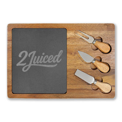 Engraved Bamboo Charcuterie Board with Slate Insert & Cheese Tools — Personalized "2Juiced" Design