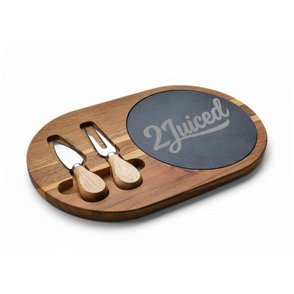 Engraved Bamboo Charcuterie Board with Slate Insert & Cheese Tools — Personalized "2Juiced" Design